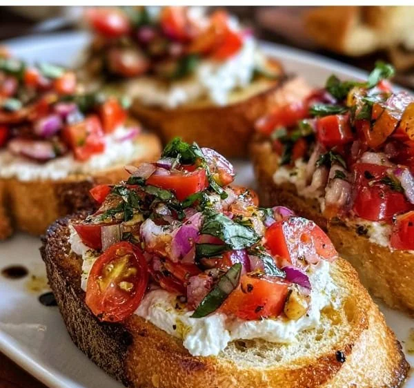 Boursin Bruschetta Dip served in a bowl with fresh baguette slices