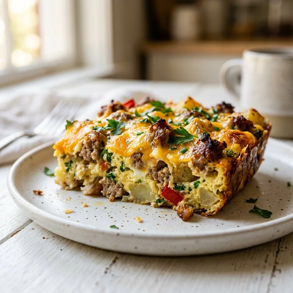 Delicious breakfast casserole served in a baking dish with fresh herbs.