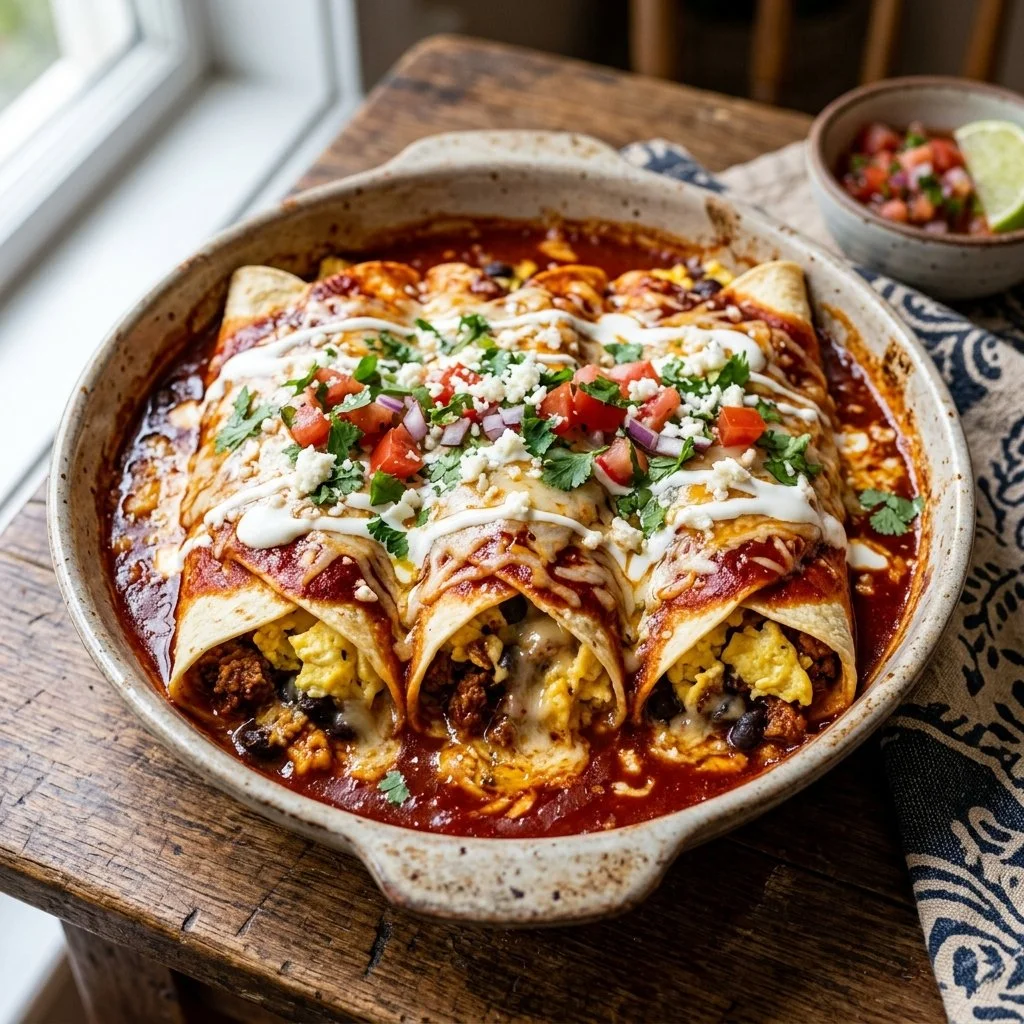 Delicious breakfast enchiladas topped with fresh ingredients and salsa.
