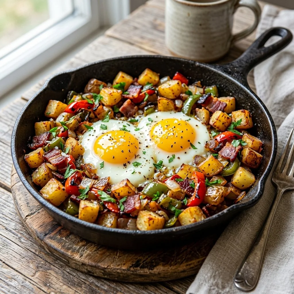 Delicious breakfast potato hash with vegetables in a skillet