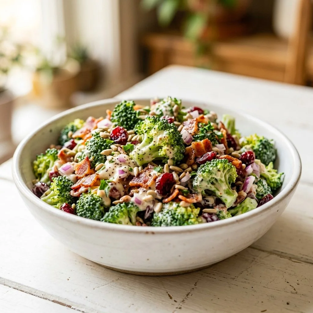 Fresh and vibrant broccoli salad with vegetables and dressing.