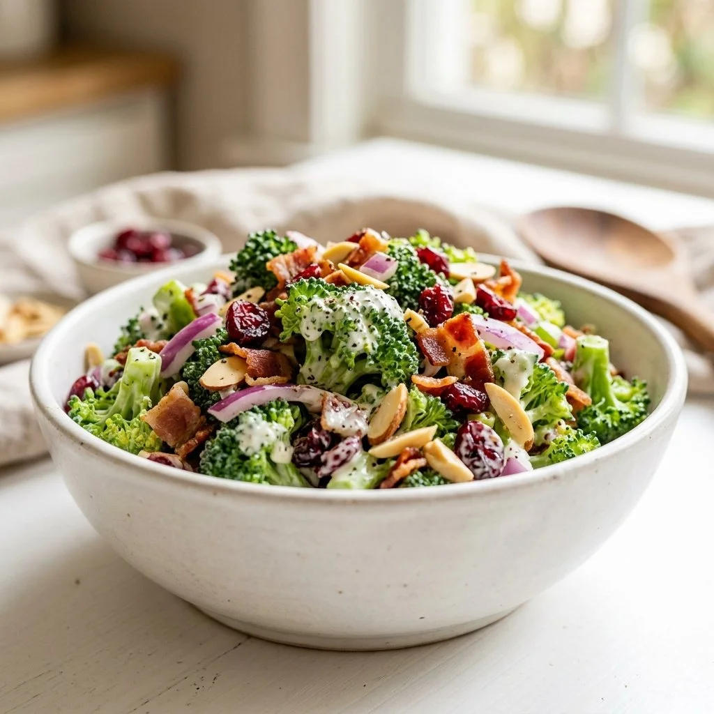 Healthy broccoli salad with fresh vegetables and dressing