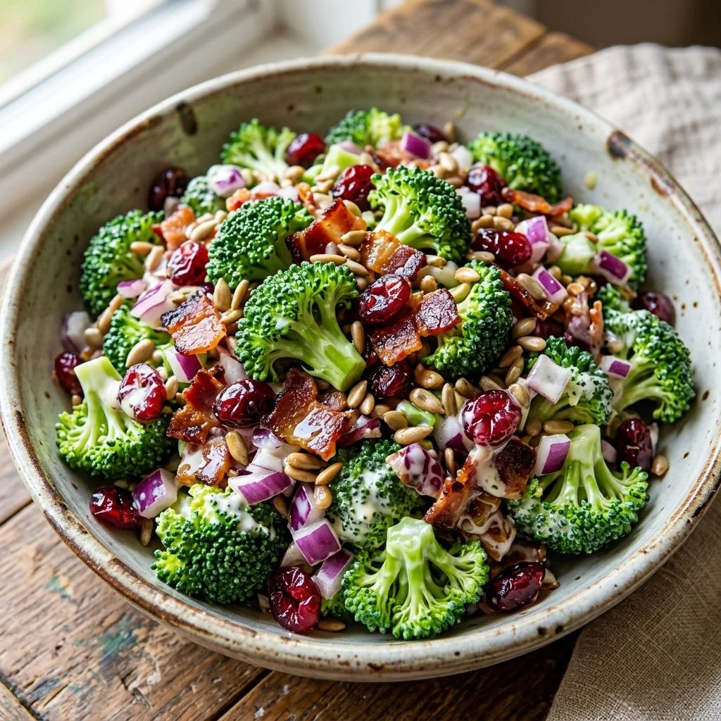 Fresh broccoli salad with nuts, raisins, and crisp vegetables in a bowl