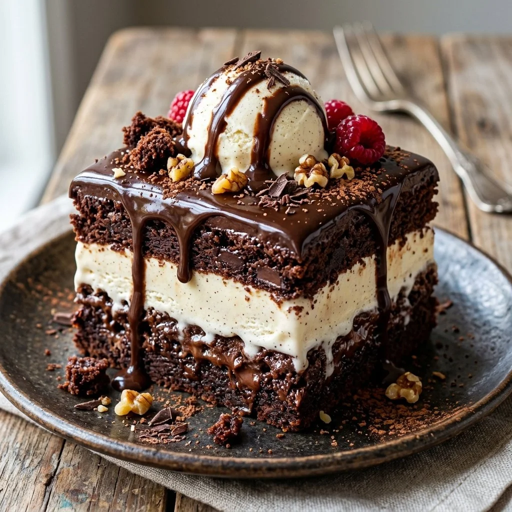Delicious brownie ice cream cake with layers of chocolate and ice cream