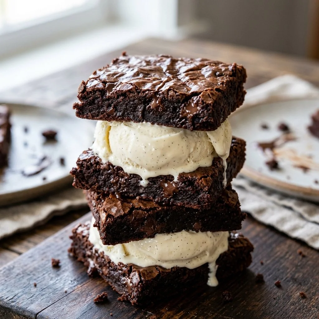 Delicious brownie ice cream sandwiches with chocolate and vanilla ice cream