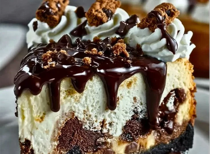Delicious Brownie Sundae Cheesecake topped with ice cream and chocolate sauce.