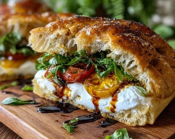 Burrata Focaccia Sandwich with creamy cheese and fresh toppings on a rustic bread