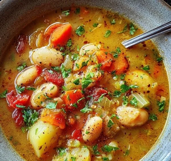 Delicious Butter Bean Soup in a bowl, garnished with herbs