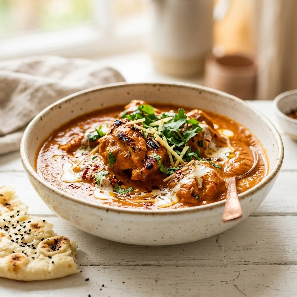 Creamy Butter Chicken served with naan and basmati rice