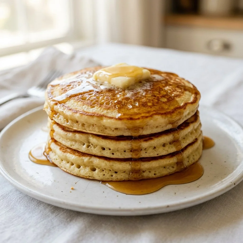 Fluffy buttermilk pancakes stacked on a plate with syrup and berries