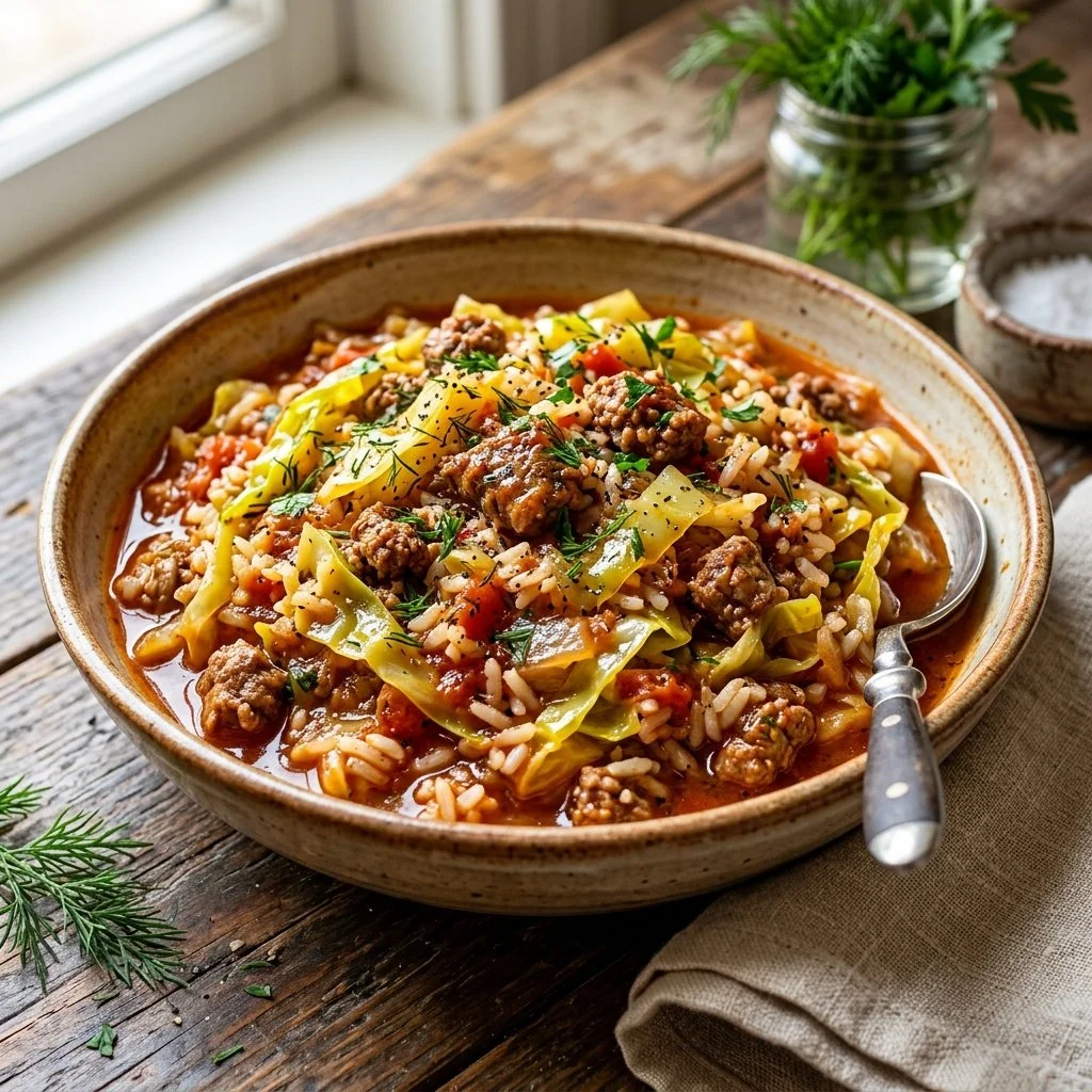 Healthy cabbage roll bowls with fresh ingredients and savory filling