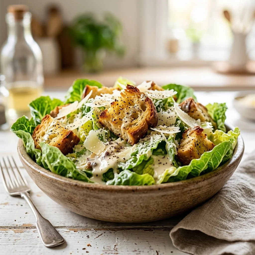 Delicious Caesar Salad with romaine lettuce, croutons, and Parmesan cheese