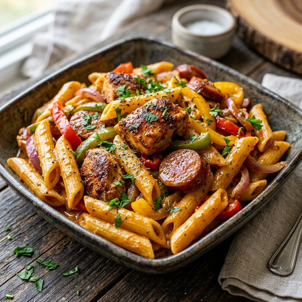 A plate of Cajun Chicken Pasta garnished with herbs and spices.