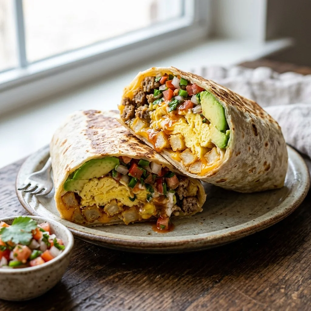 Delicious California Breakfast Burrito filled with eggs, cheese, and fresh ingredients