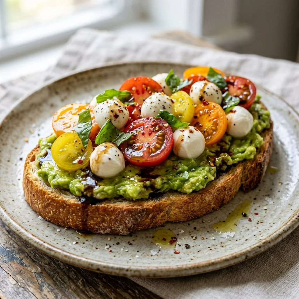 Delicious Caprese Avocado Toast topped with tomatoes, mozzarella, and basil.