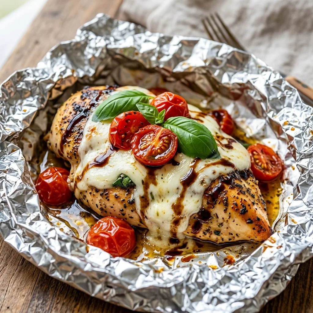 Delicious Caprese Chicken foil packet ready for grilling with basil and tomatoes