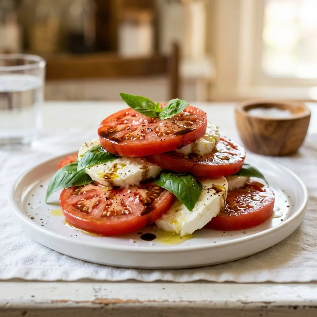Fresh Caprese Salad with tomatoes, mozzarella cheese, and basil leaves