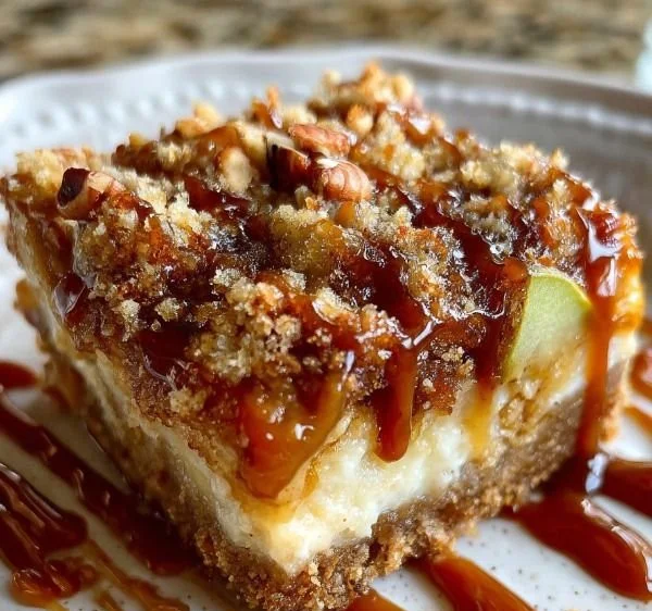Delicious Caramel Apple Cheesecake Bars with caramel drizzle and apple slices