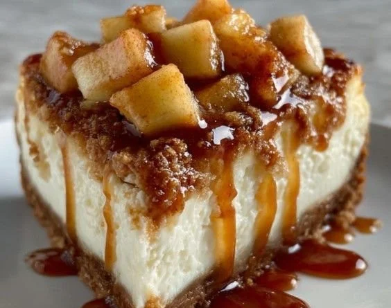 Slice of caramel apple cheesecake cake on a plate with drizzled caramel