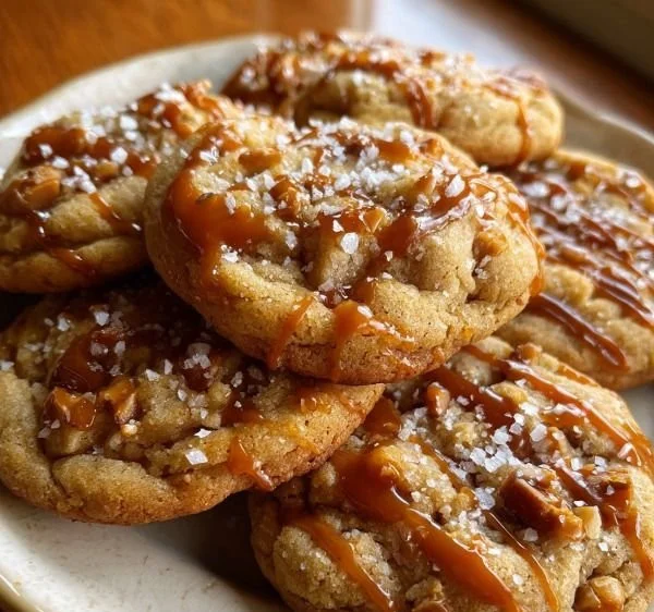 Freshly baked Caramel Apple Cookies with delicious caramel drizzles.