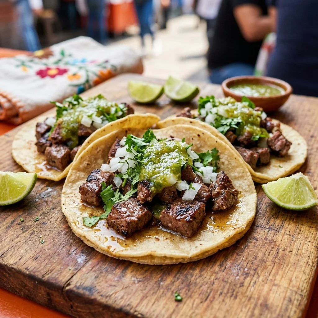 Delicious Carne Asada Street Tacos served with fresh toppings