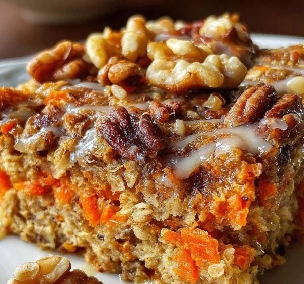Baked carrot cake oatmeal topped with frosting and walnuts in a serving dish.