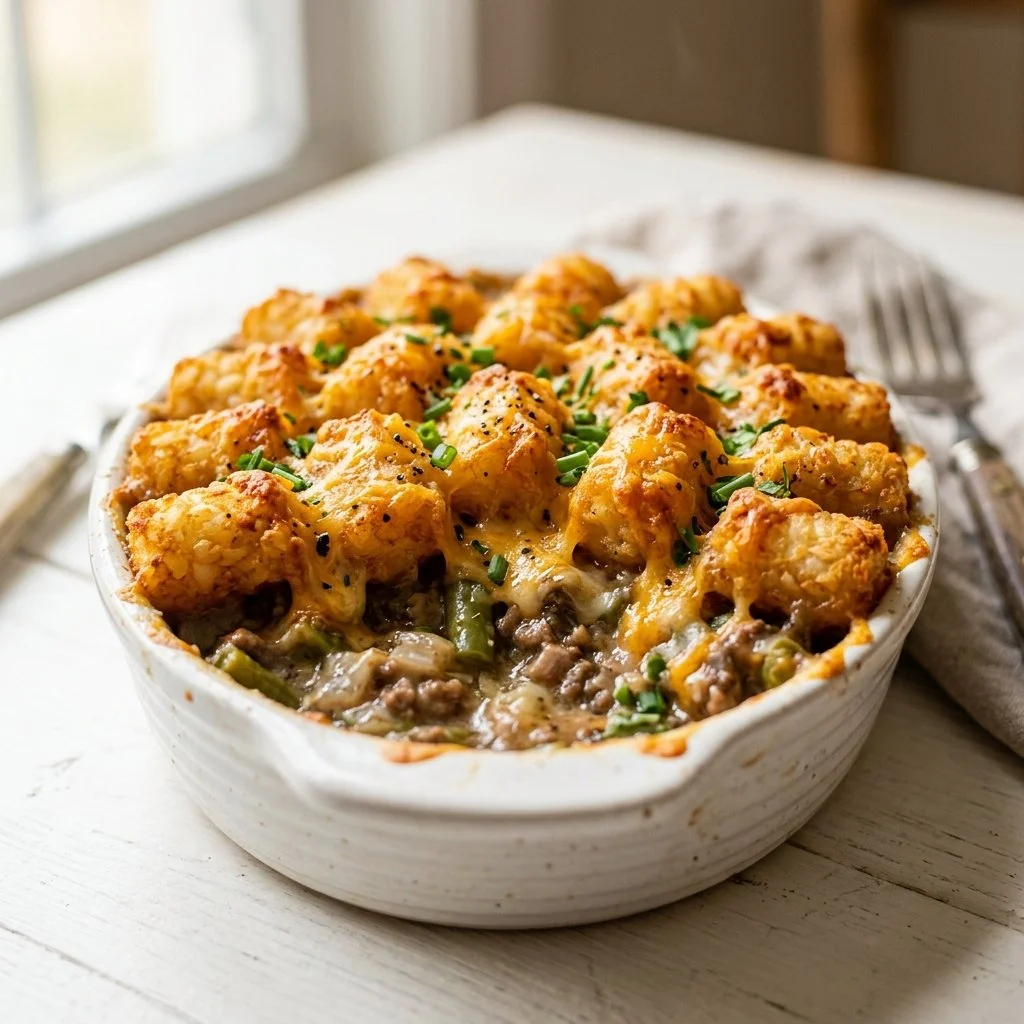 Tater tot casserole topped with golden crispy tater tots