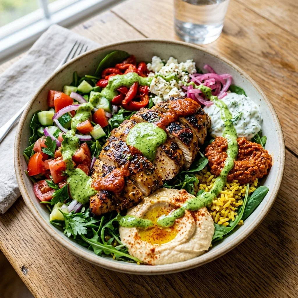 Cava inspired chicken bowl with fresh vegetables and grains