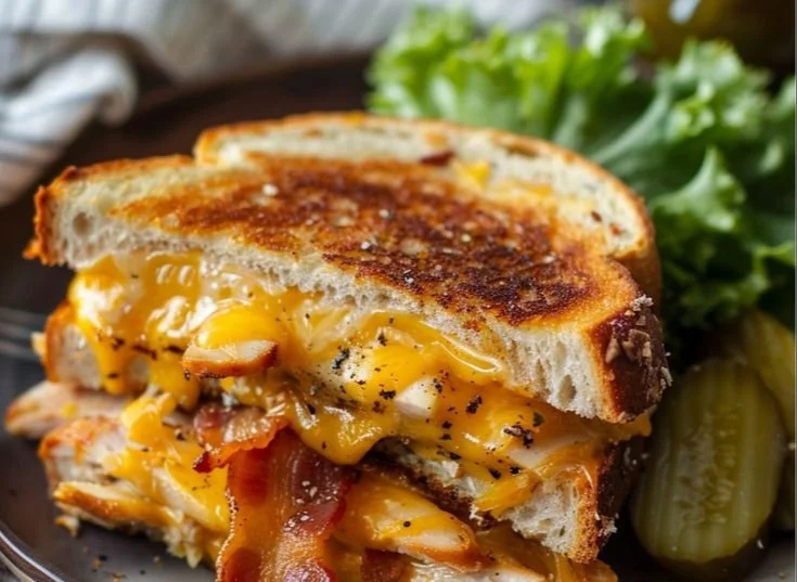 Cheddar Bacon Turkey Melt sandwich on sourdough bread with crispy bacon and melted cheese.