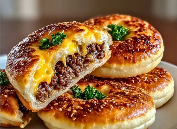 Cheeseburger-style pretzel bombs on a plate, garnished with dipping sauces