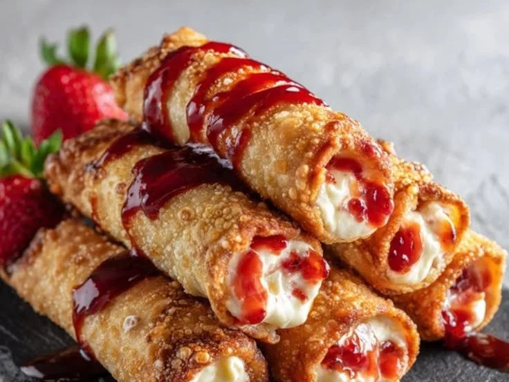 Delicious cheesecake egg rolls served on a plate with dipping sauce