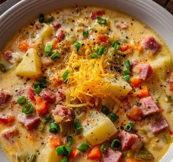 Bowl of cheesy ham chowder with garnishes