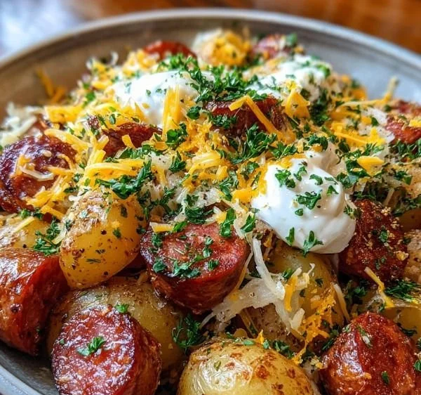 Cheesy ranch potatoes baked with smoked sausage in a creamy sauce