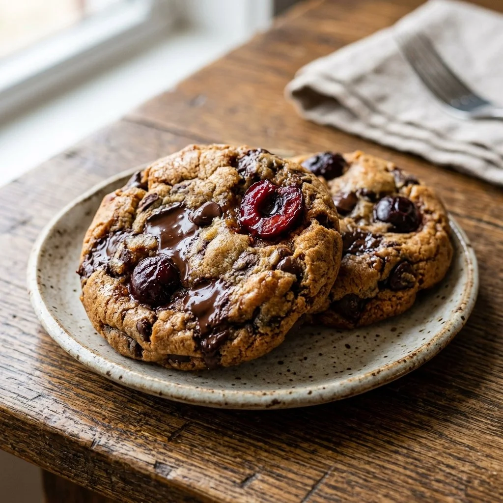 Homemade cherry chocolate chip cookies on a cooling rack