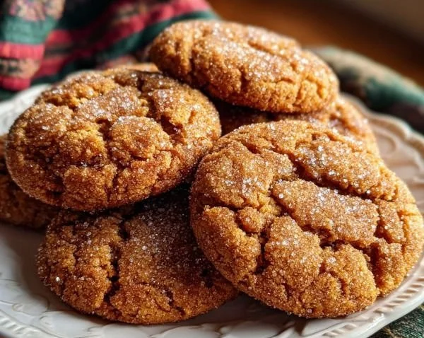 Plate of chewy maple cinnamon cookies fresh out of the oven