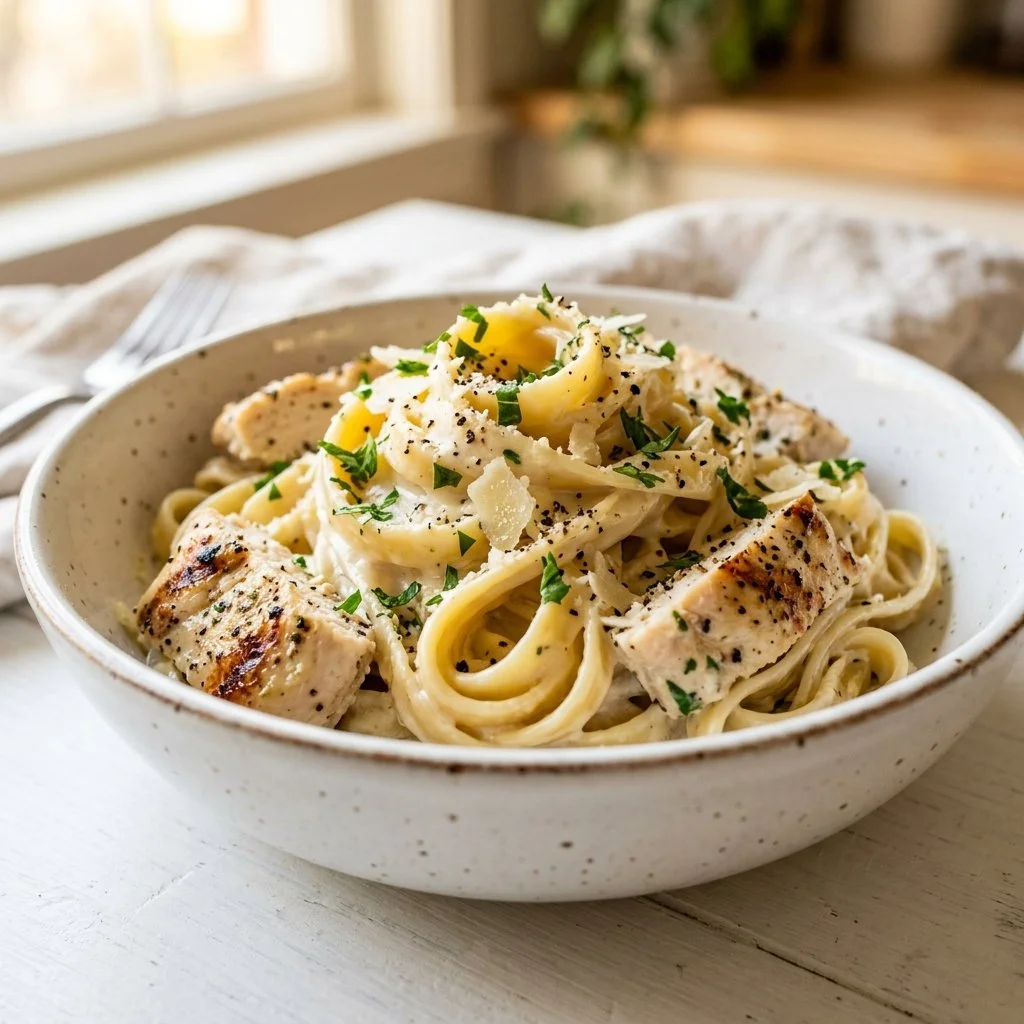 Creamy Chicken Alfredo pasta dish with grilled chicken and parmesan sauce