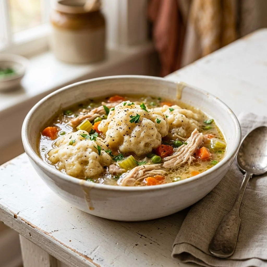 Delicious bowl of Chicken and Dumplings with tender chicken and fluffy dumplings