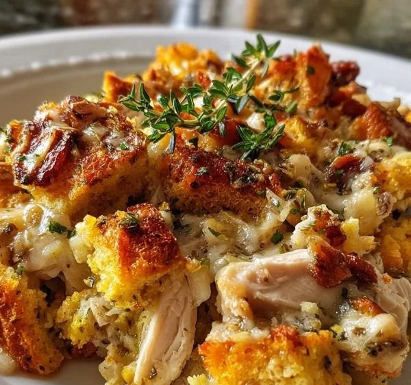Delicious chicken and stuffing casserole baked to golden perfection.