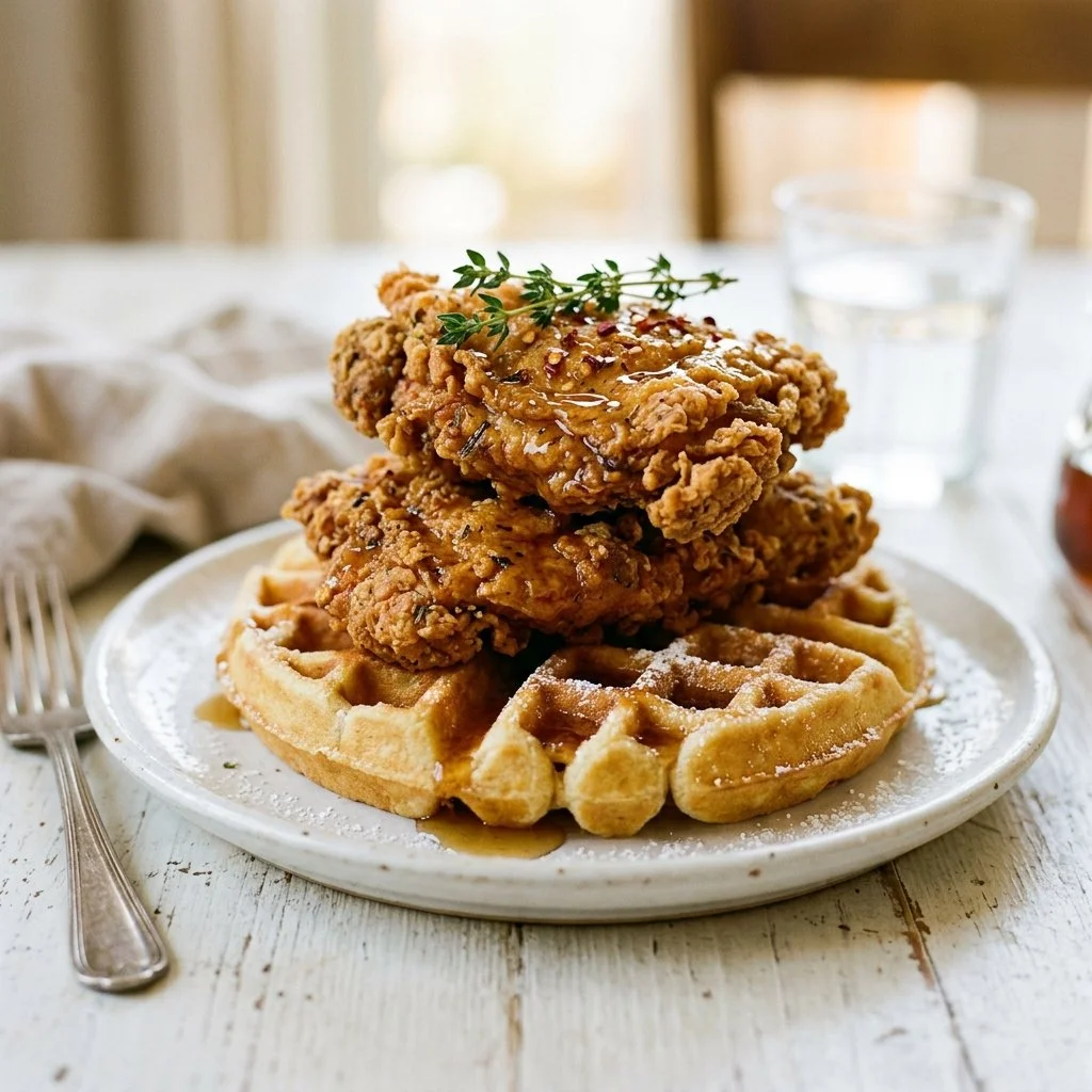Plate of crispy fried chicken served with fluffy waffles and syrup