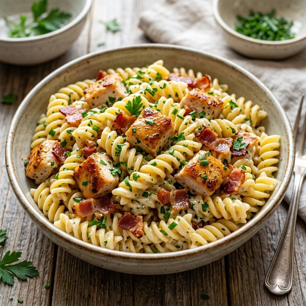 Creamy Chicken Bacon Ranch Pasta dish served with herbs