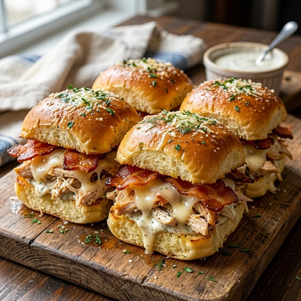Chicken Bacon Ranch Sliders with crispy bacon and ranch dressing on slider buns