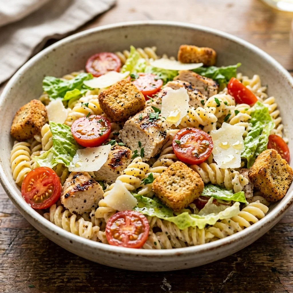 Delicious Chicken Caesar Pasta Salad with chicken, lettuce, and dressing