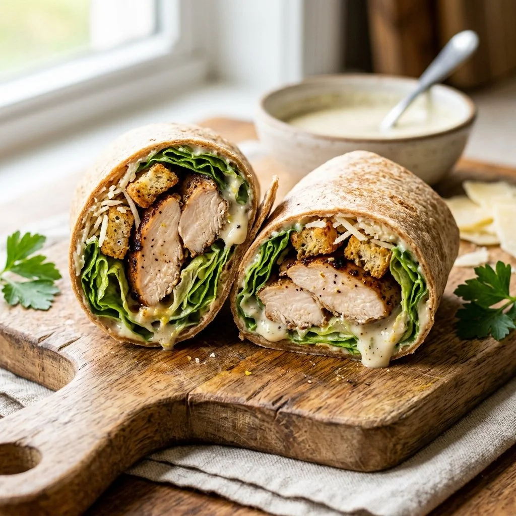 Delicious Chicken Caesar Wrap with lettuce, chicken, and Caesar dressing