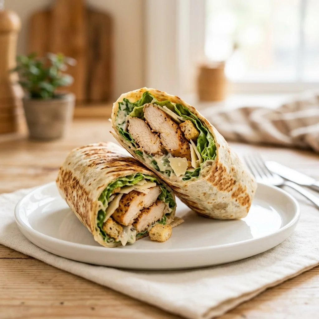 Homemade Chicken Caesar Wrap on a plate with fresh ingredients