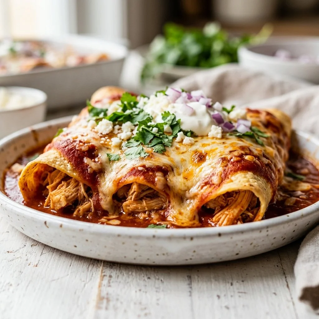 Delicious homemade Chicken Enchiladas topped with cheese and sauce