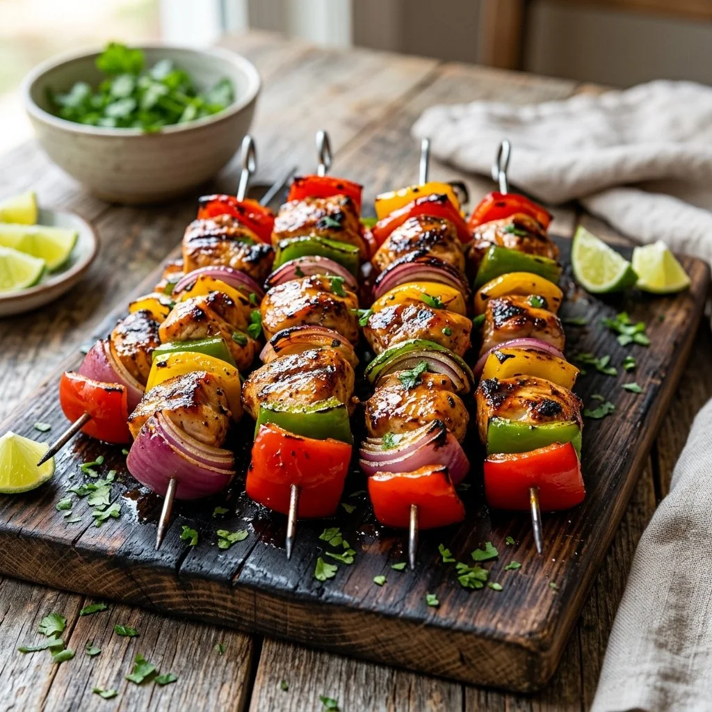 Grilled Chicken Fajita Kabobs with colorful peppers and onions on skewers