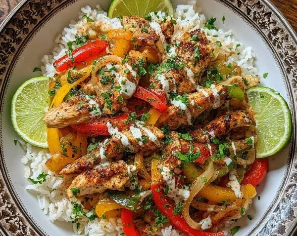 Delicious chicken fajita rice bowls garnished with colorful peppers and spices