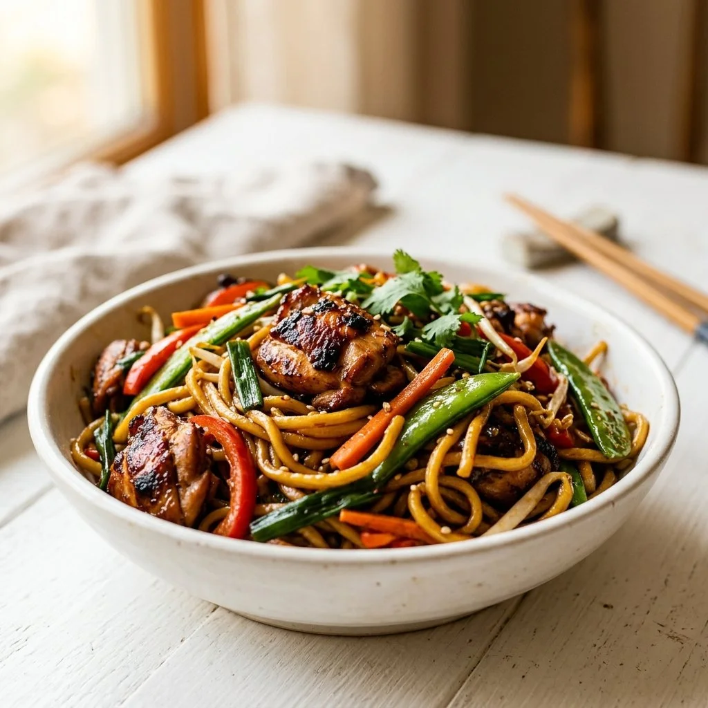 Delicious Chicken Lo Mein with chicken pieces and colorful vegetables in a bowl