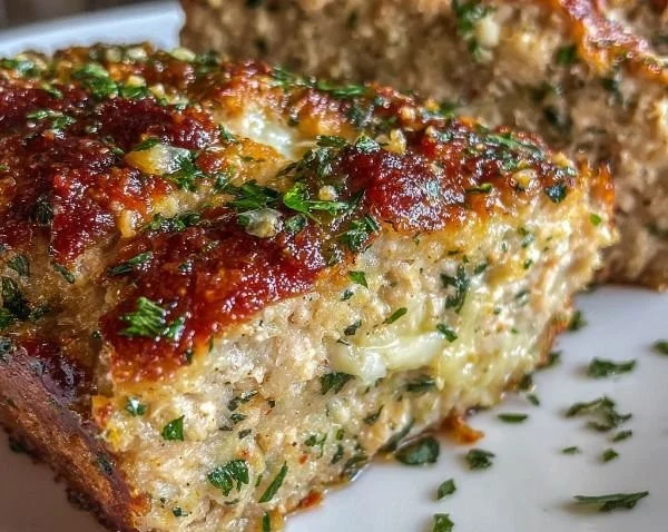 Delicious Chicken Meatloaf topped with Garlic and Parmesan garnished with parsley