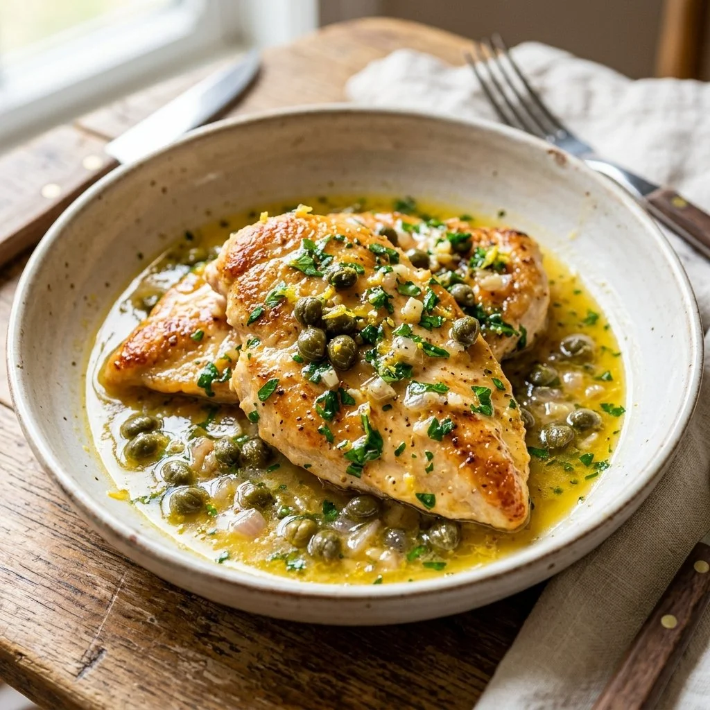 Plate of Chicken Piccata garnished with parsley and lemon slices